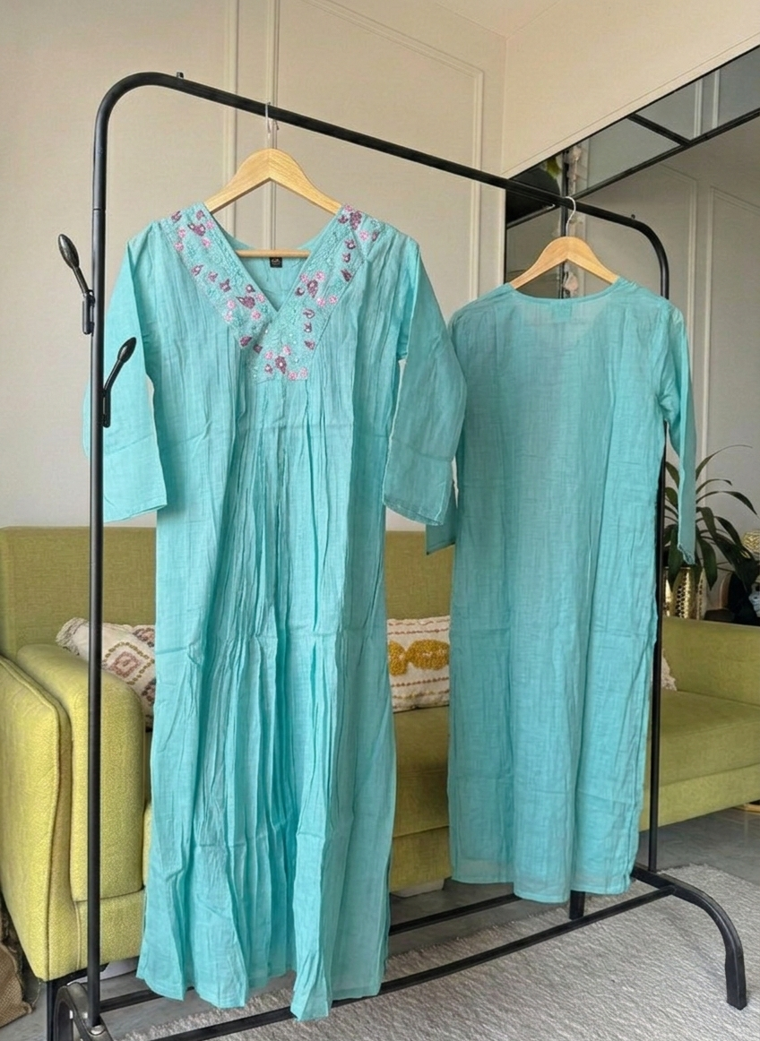 Seafoam Blue Mul Cotton A-Line Dress – Effortless Everyday Ethnic Wear