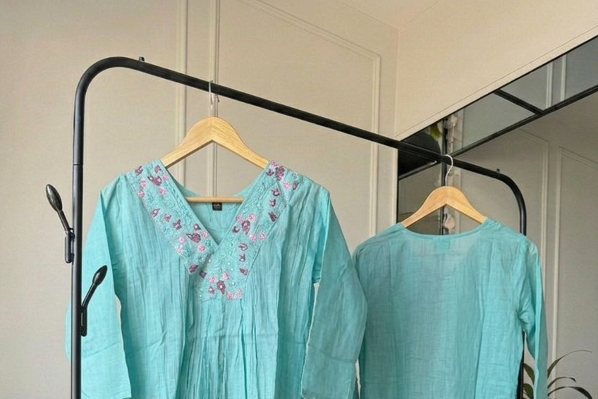 Seafoam Blue Mul Cotton A-Line Dress – Effortless Everyday Ethnic Wear