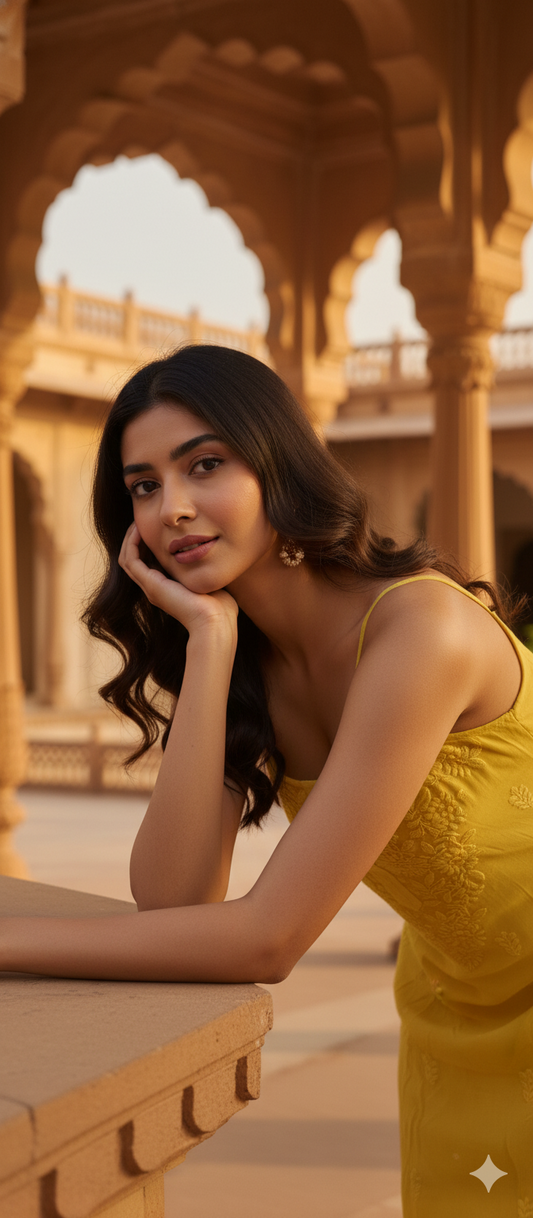 Mustard Yellow Chikankari Georgette Strappy Straight Long Kurta