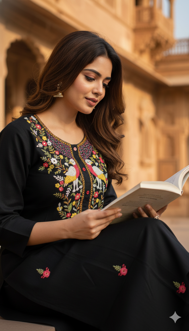 Black Handloom Cotton Knot-Work Embroidered Straight Long Kurta
