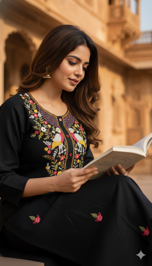 Black Handloom Cotton Knot-Work Embroidered Straight Long Kurta