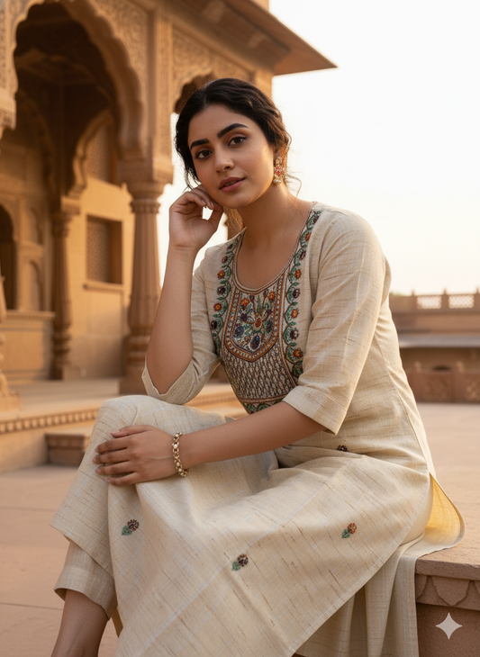 Natural Beige Handloom Cotton Knot-Work Embroidered Straight Long Kurta
