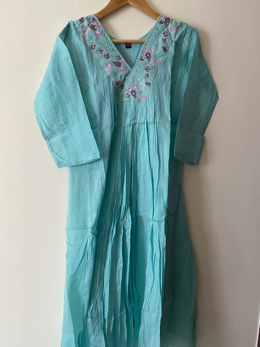 Aqua Blue Floral Embroidered Pure Cotton Midi Dress
