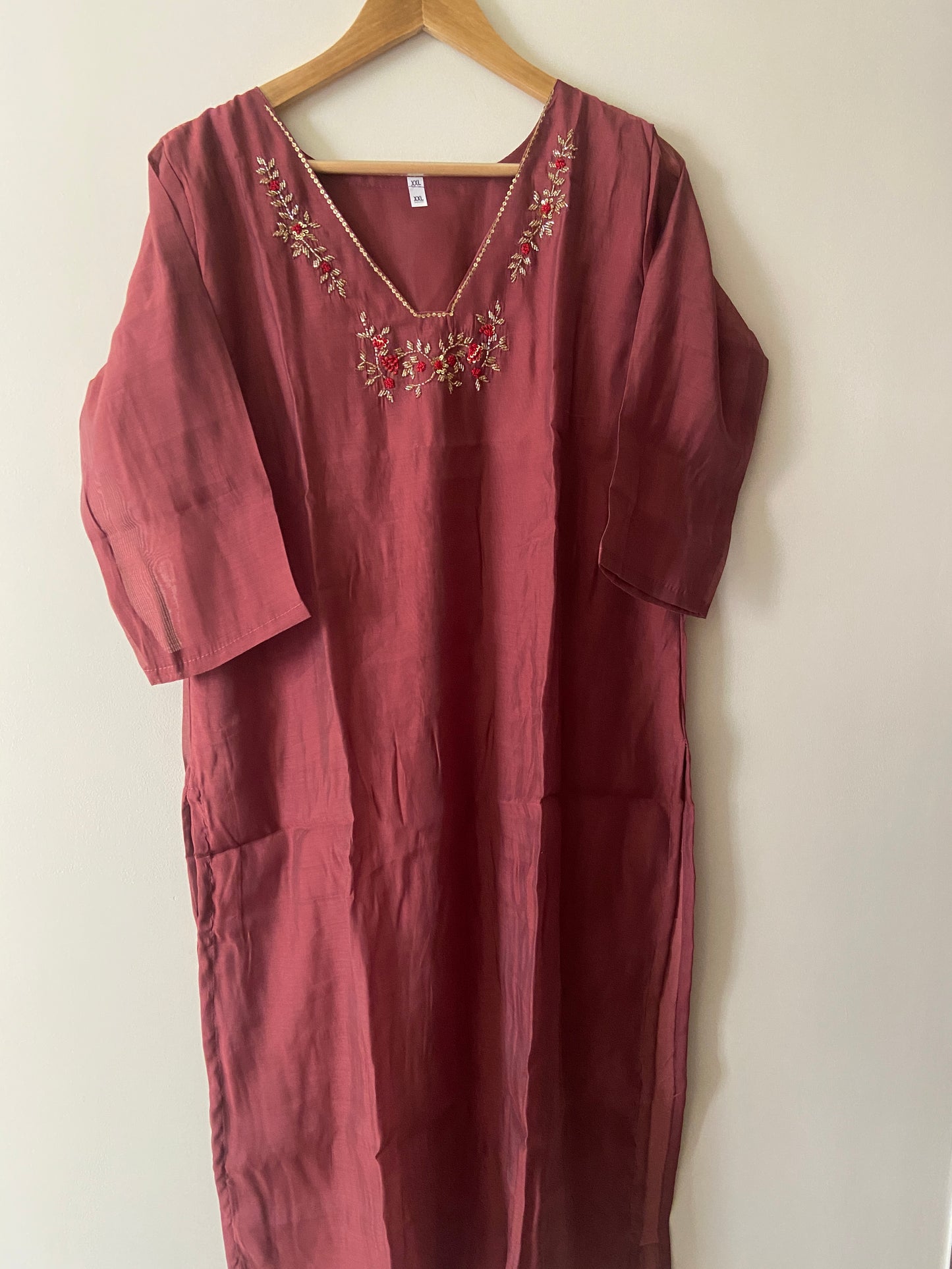 Terracotta Chanderi Silk Kurta Set with Embroidery for Women