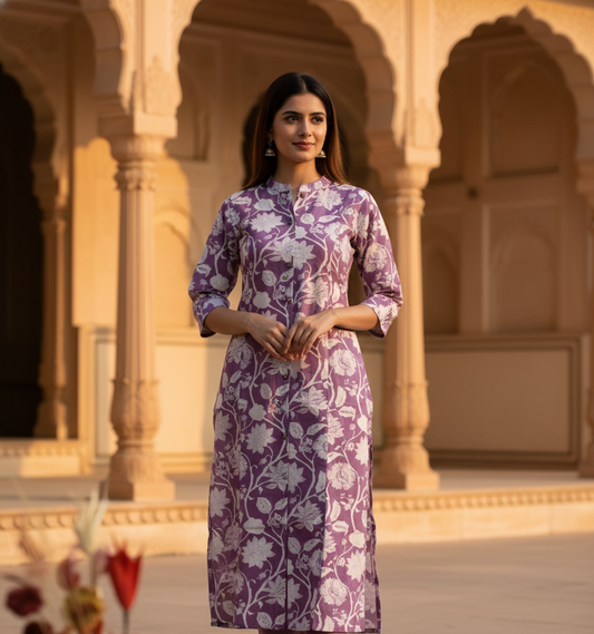 Purple Hand Block Cotton Kurta