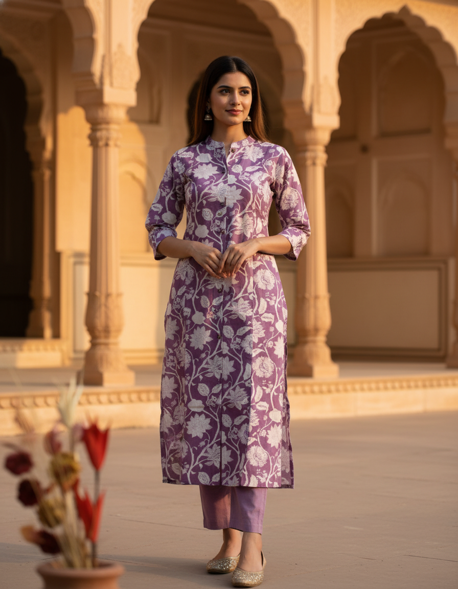 Purple Floral Print Pure Cotton Straight Long Kurta