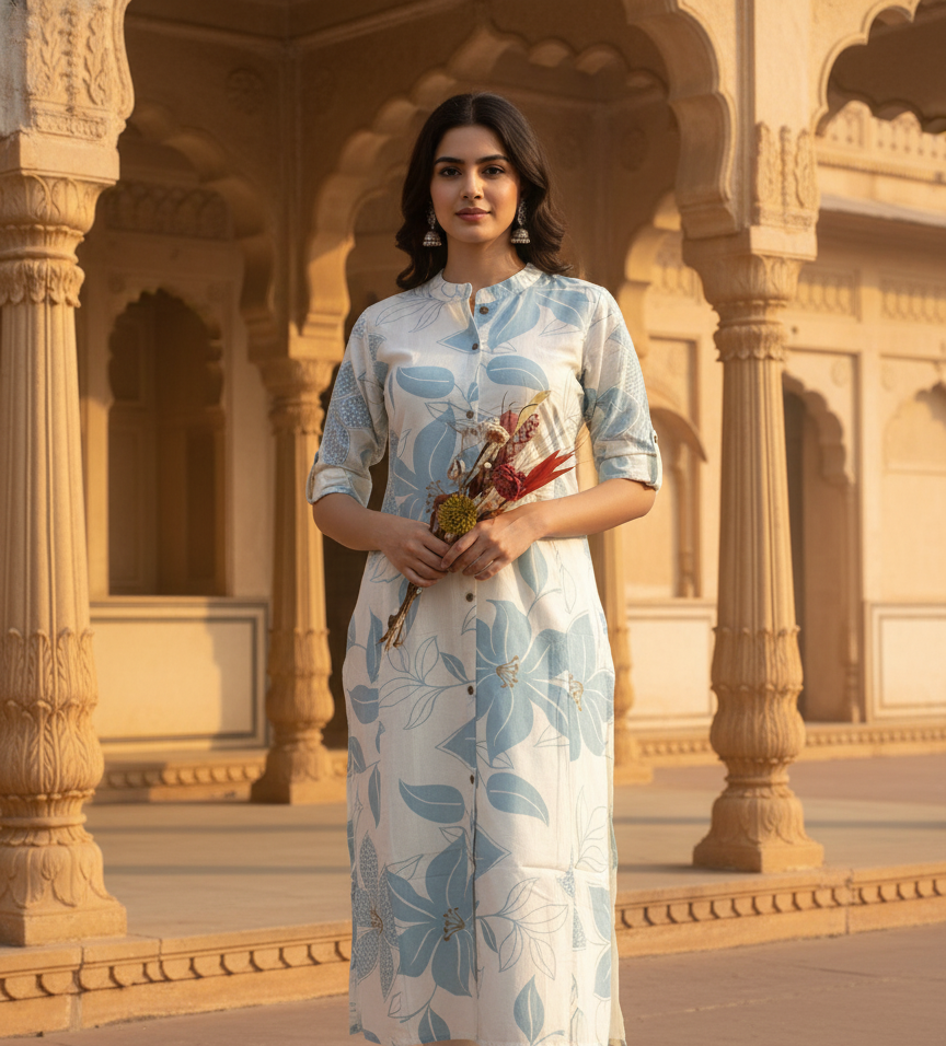 White Hand Block Cotton Kurta
