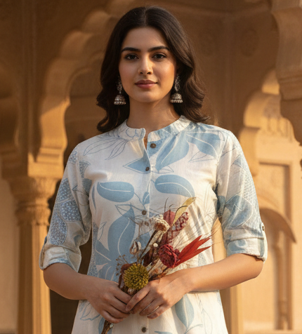 White Hand Block Cotton Kurta