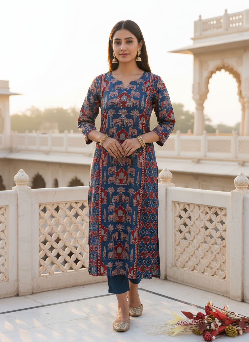 Blue Ethnic Print Pure Cotton Straight Long Kurta