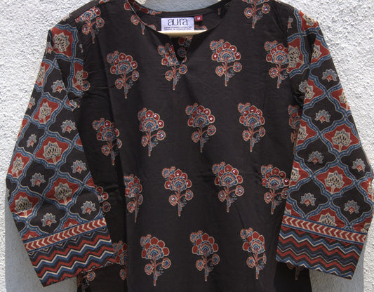 Black Floral Motif Pure Cotton Straight Long Kurta