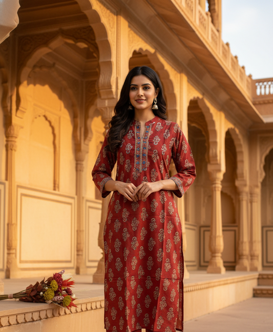 Rust Red Printed Pure Cotton Straight Long Kurta
