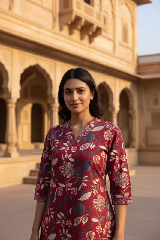 Red Floral Print Pure Cotton Straight Long Kurta