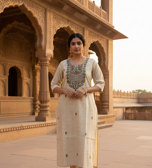 Cream Embroided Cotton Kurta