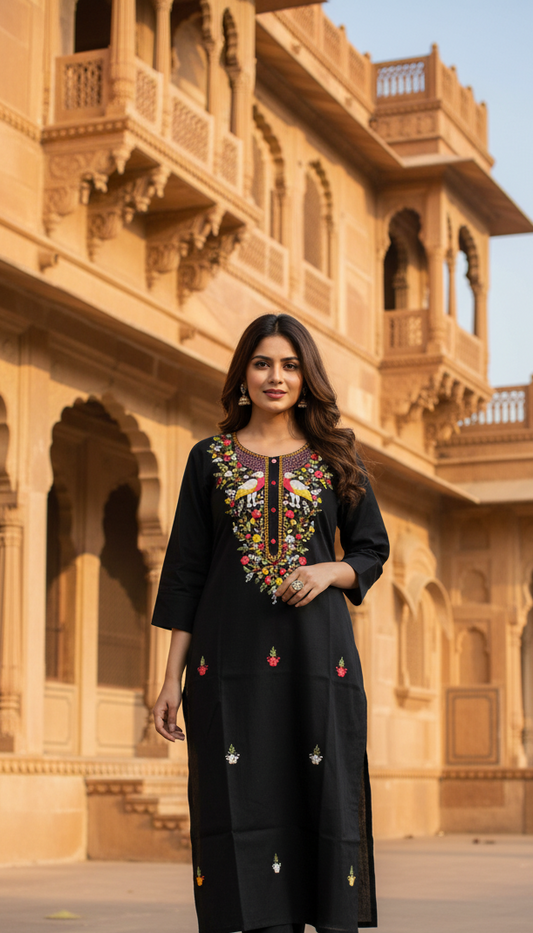 Black Embroided Cotton Kurta