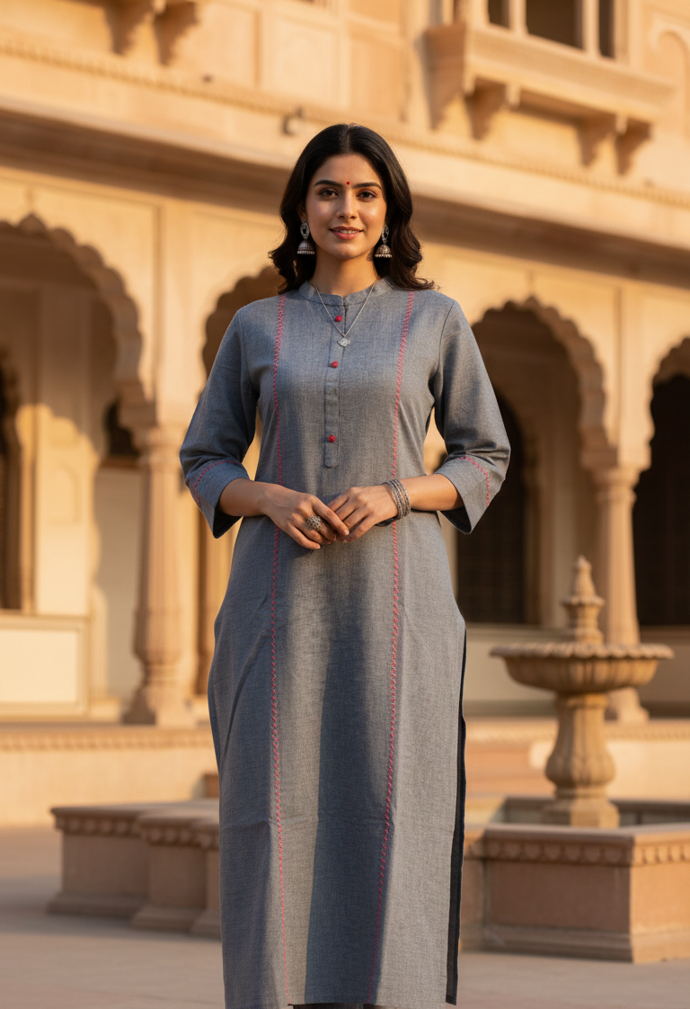 Denim Blue Embroided Cotton Dress