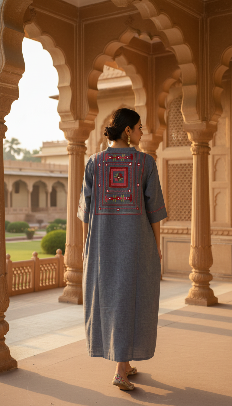 Denim Blue Embroided Cotton Dress