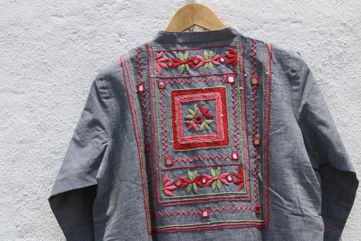 Charcoal Grey Denim Cotton Mirror & Thread Work Dress