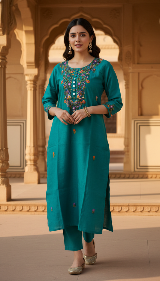 Turquoise Mirror Cotton 2-piece Suit