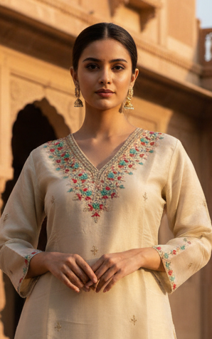 Cream Dola Silk Suit – Minimal Luxury Festive Wear