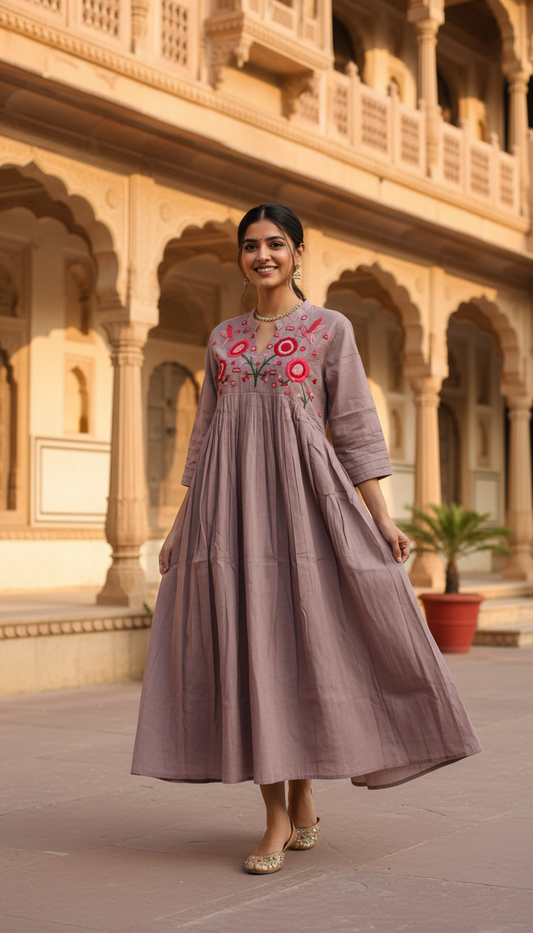 Coffee Embroided Cotton Dress