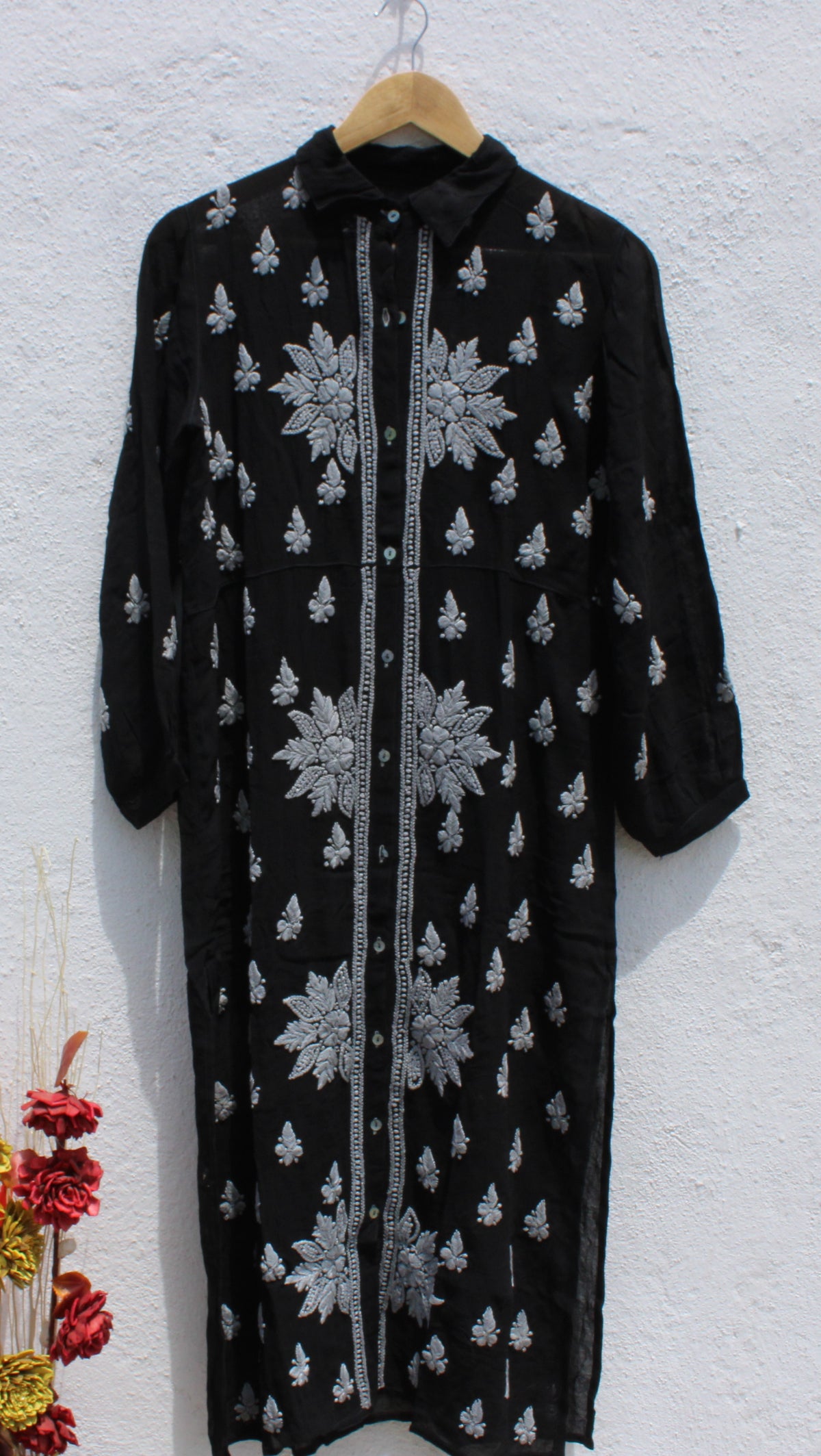 Black Chikankari Georgette Front-Open Straight Long Kurta