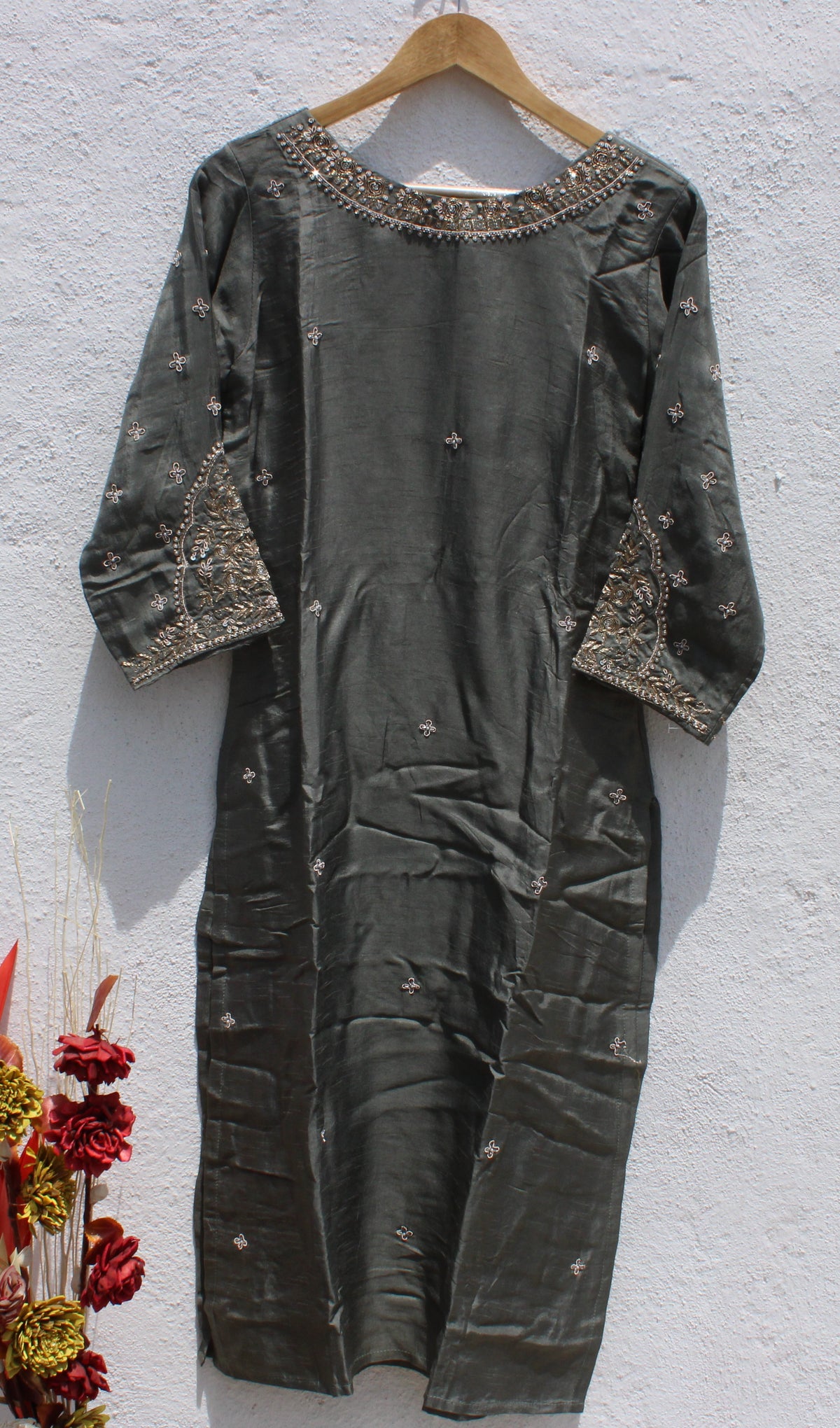 Gunmetal Grey Dola Silk Zardosi & Pearl Kurta Set