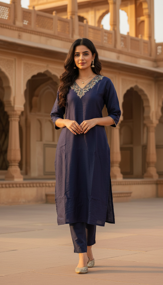 Navy Blue Dola Silk Suit