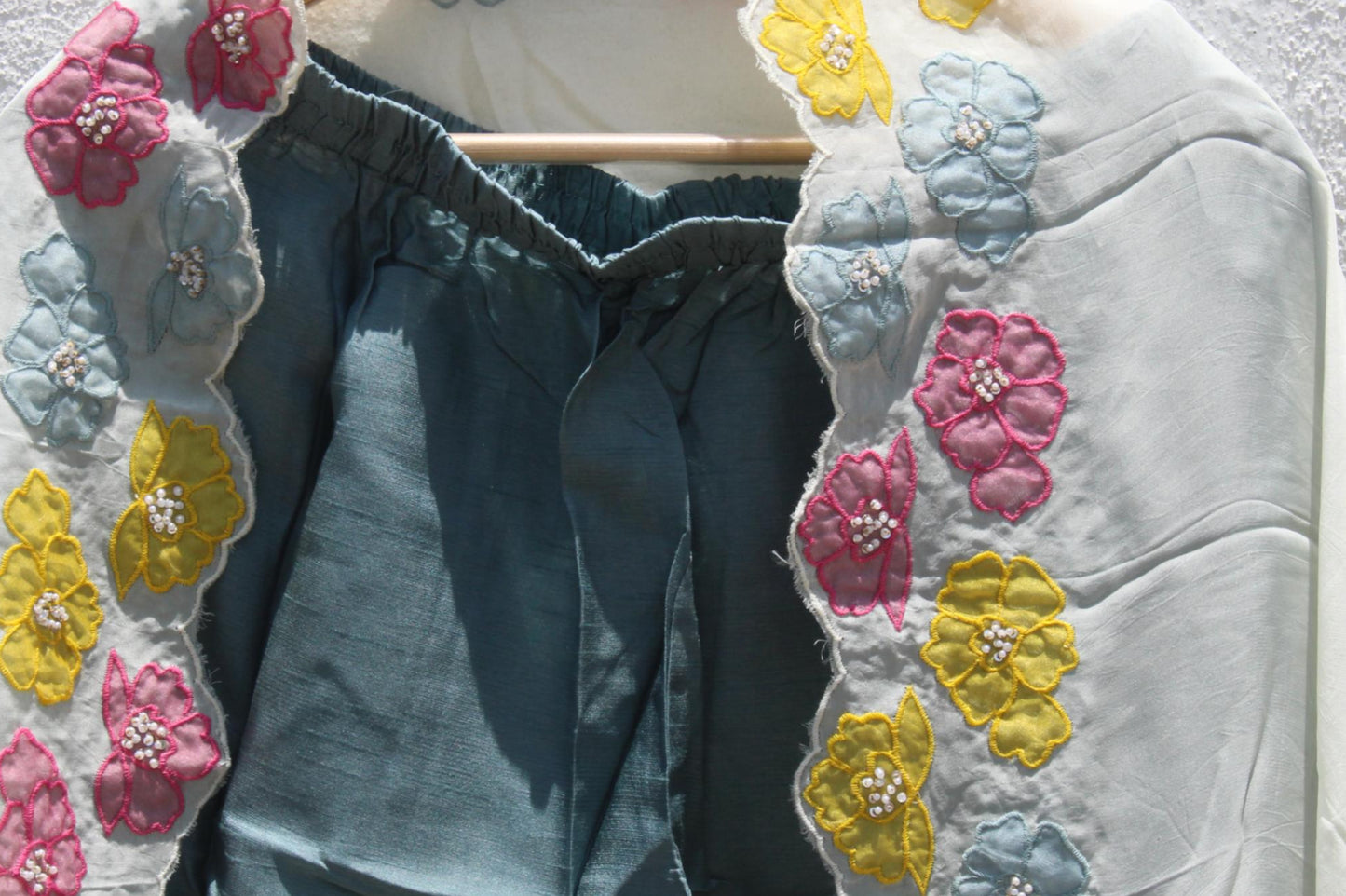 Grey Applique Silk Suit