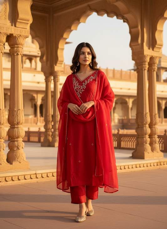 Hot Red Dola Silk Suit