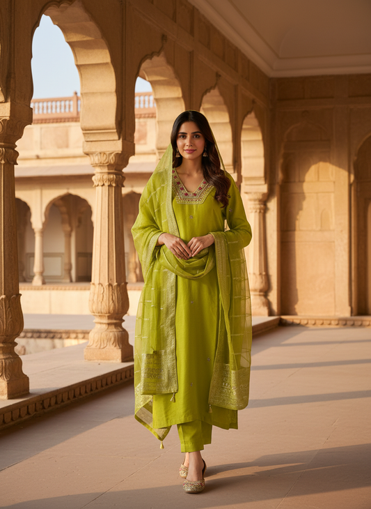 Green Dola Silk Hand Embroidered Kurta Set
