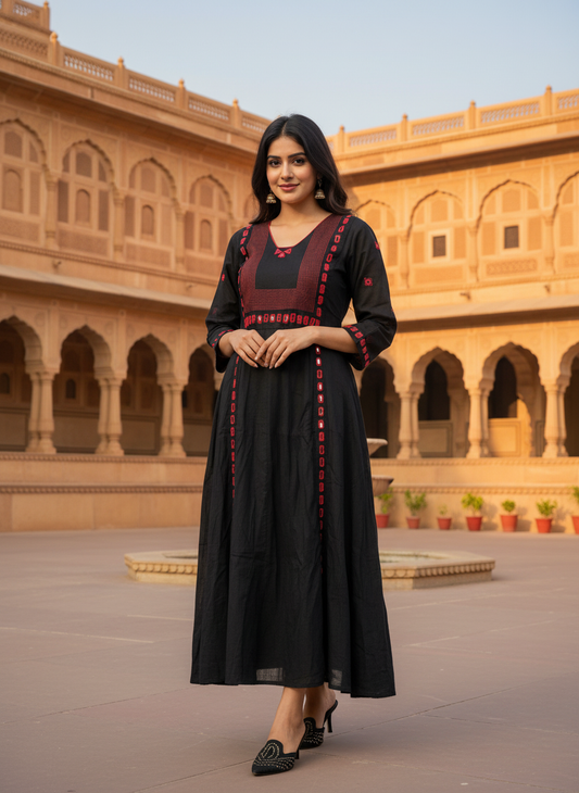 Black Embroided Mirror Cotton Dress