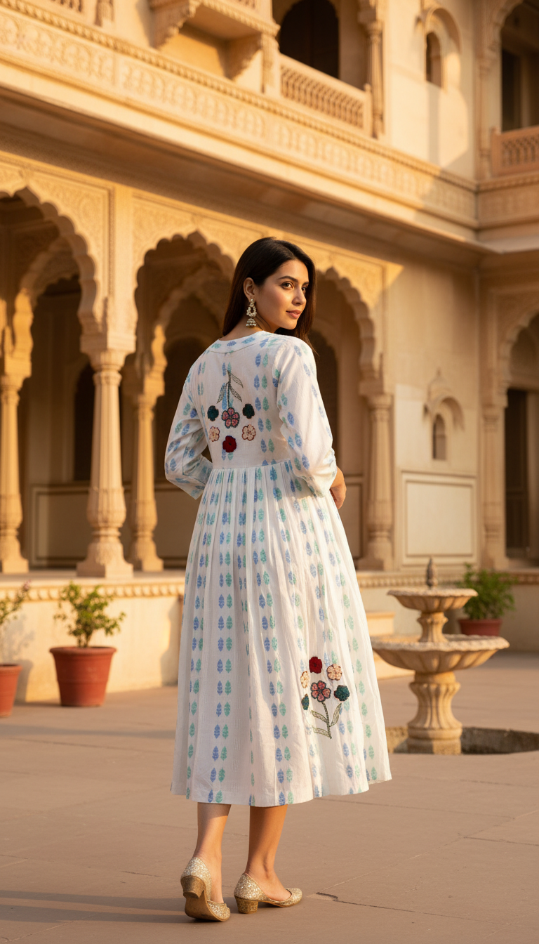 White Embroided Cotton Jamdani Dress