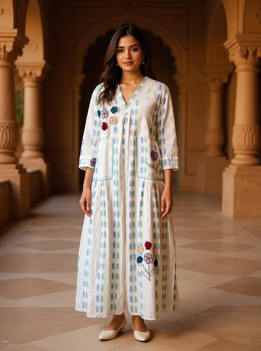 White Embroided Cotton Jamdani Dress
