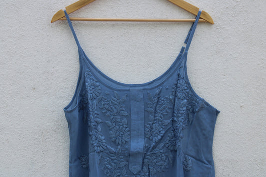 Dusty Blue Chikankari Georgette Strappy Straight Long Kurta
