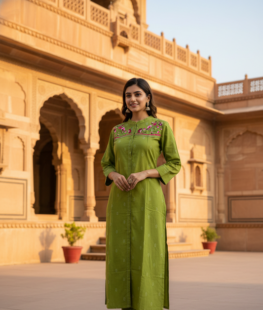 Green Embroided Jamdani Cotton Dress