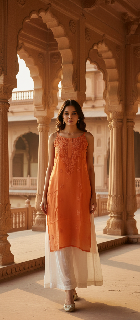 Orange Chikankari Long Kurta