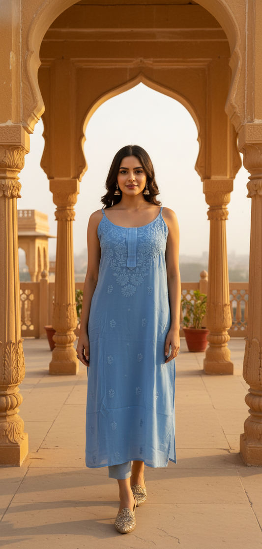 Blue Chikankari Long Kurta