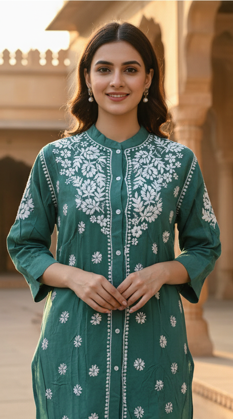 Teal Green Chikankari short kurti