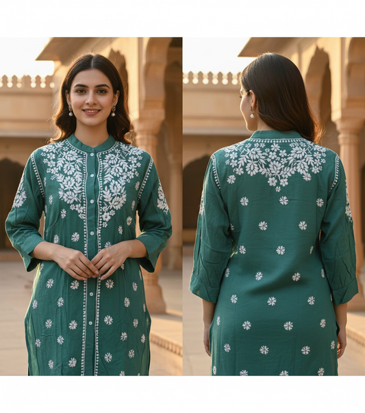 Teal Green Chikankari Hand Embroidered Modal Short Kurti
