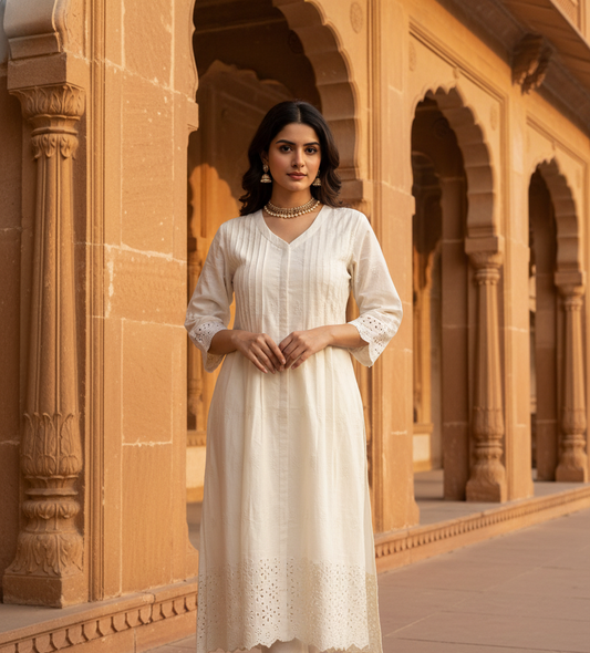 Beige Embroided Hakoba Cotton Dress