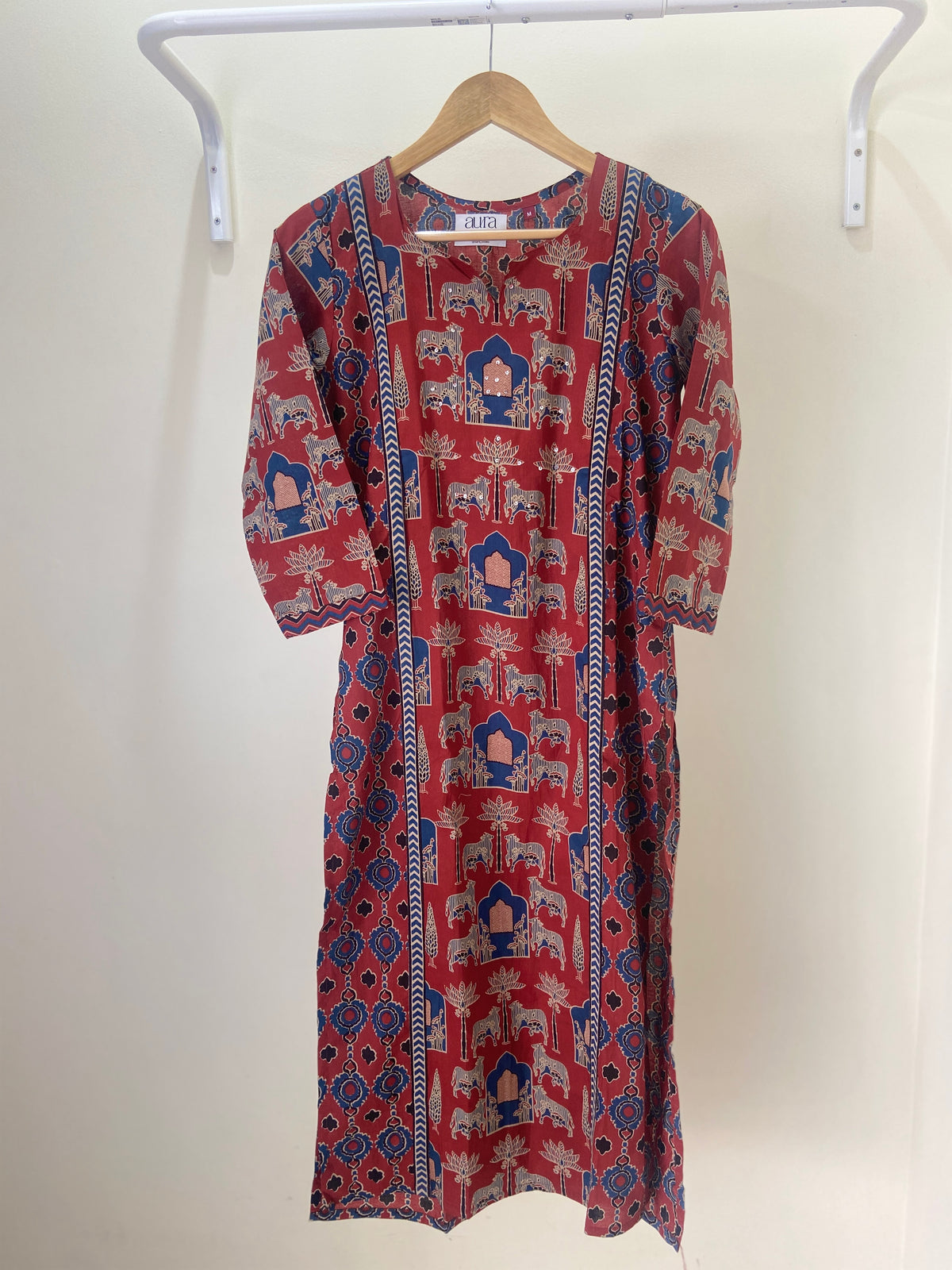 Rust Red Ethnic Print Pure Cotton Straight Long Kurta