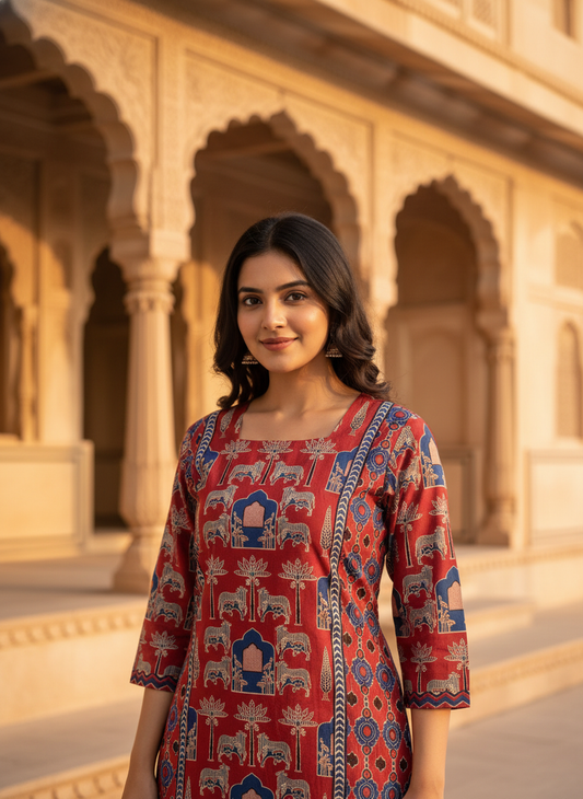 Red Hand Block Cotton Kurta