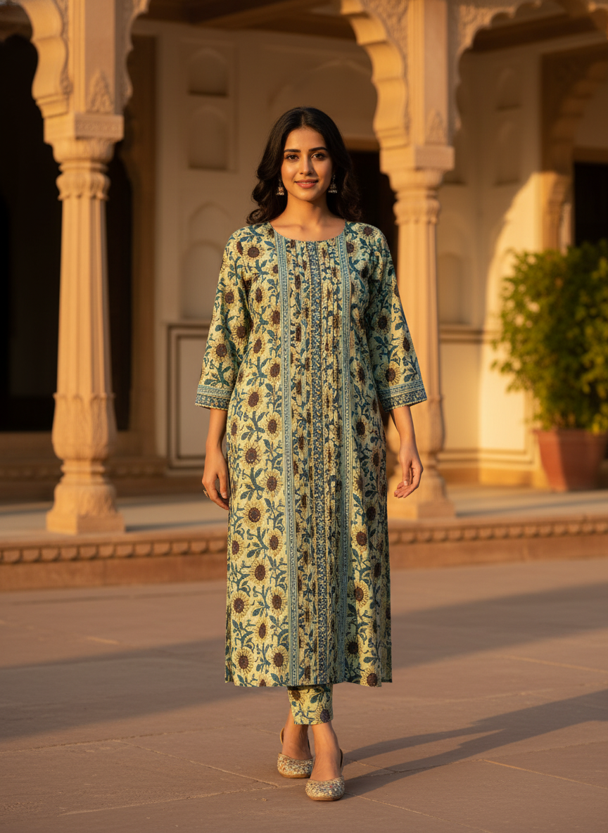 Green Hand Block Printed Cotton Kurta