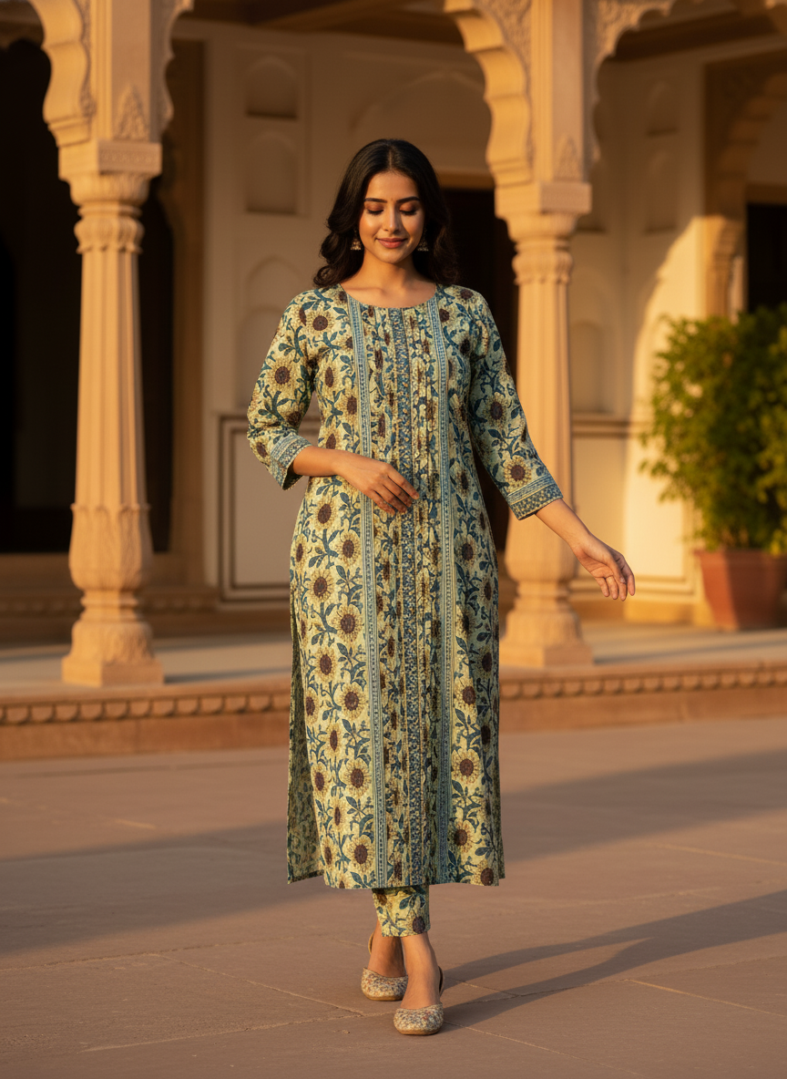 Green Hand Block Printed Cotton Kurta