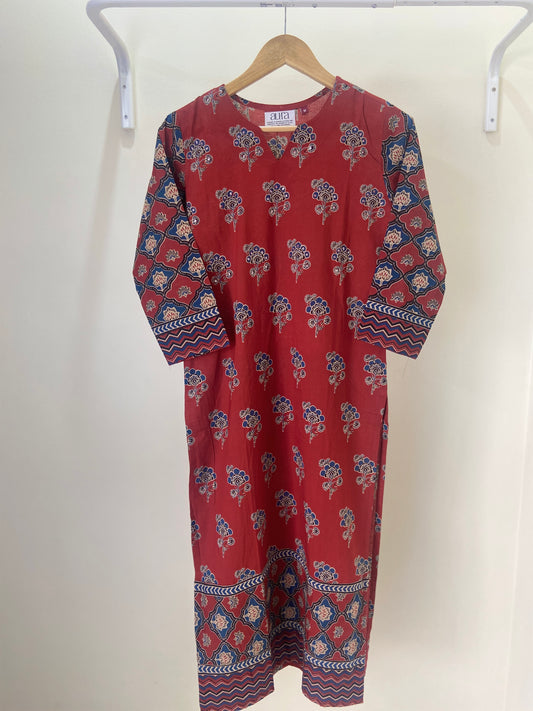 Rust Red Floral Motif Pure Cotton Straight Long Kurta