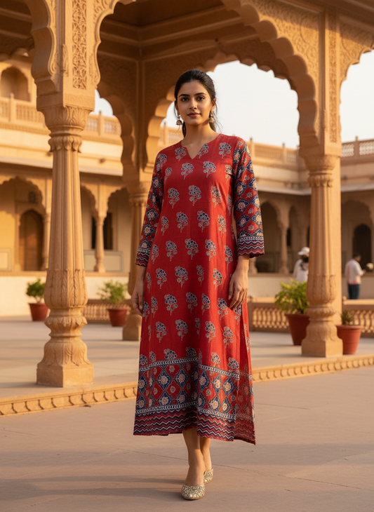 Red Hand Block Cotton Kurta