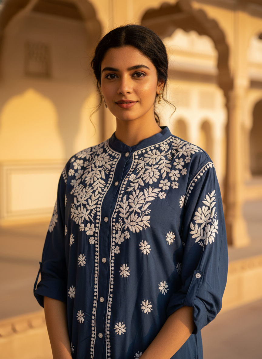 Navy Blue Chikankari Hand Embroidered Modal Short Kurti