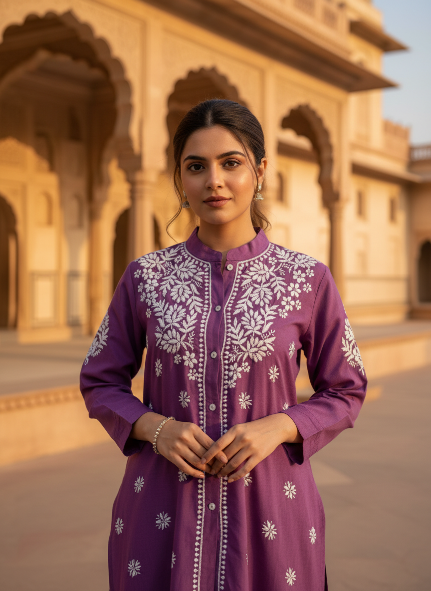 Purple Chikankari Hand Embroidered Modal Short Kurti