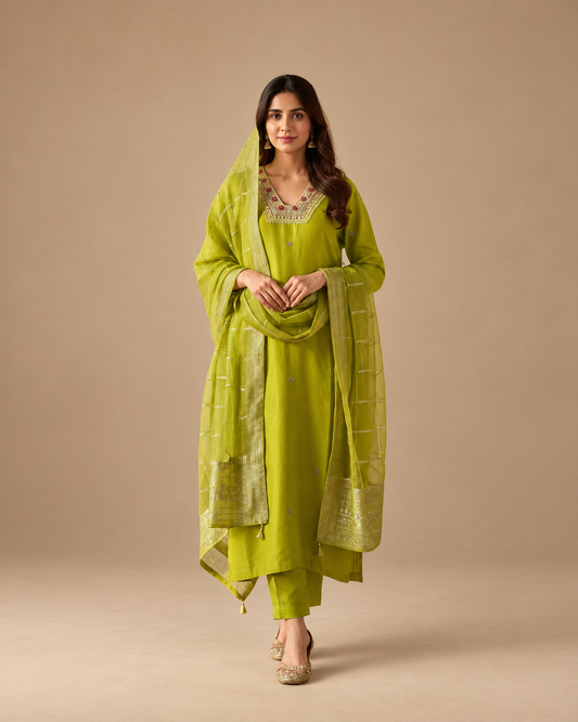 Green Dola Silk Hand Embroidered Kurta Set