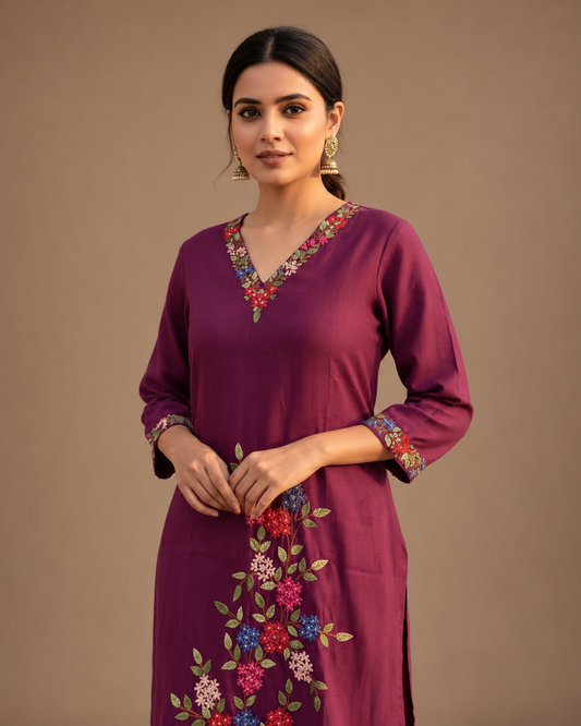 Purple Handloom Cotton Hand Embroidered Kurta Pant Set